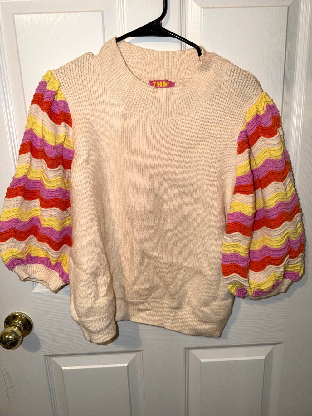 THML Cream Crewneck Sweater with Colorful Wavy Puff Sleeves